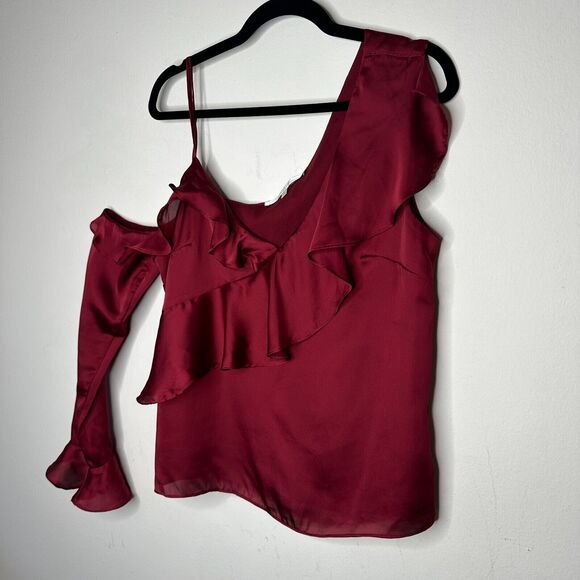 Revolve Lovers + Friends Deep Red Ruffled Flowy One-Sleeve Shoulder Blouse L - Picture 2 of 11